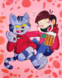 Size: 1635x2048 | Tagged: safe, artist:rolyjulioli, fritz the cat (fritz the cat), cat, feline, human, mammal, anthro, fritz the cat, 2021, alcohol, beer, beer stein, blunt, blush sticker, bottomless, bottomwear, brown hair, clothes, colored sclera, crossed legs, drink, drugs, duo, duo male, eyebrows, fur, hair, hand in pocket, joint, lidded eyes, male, males only, marijuana, nudity, osomatsu (osomatsu-kun), osomatsu-kun, pants, partial nudity, raised eyebrow, signature, sitting, striped fur, sweatdrops, sweater, tail, topwear, weed, yellow sclera