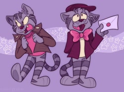 Size: 1658x1241 | Tagged: safe, artist:rolyjulioli, fritz the cat (fritz the cat), cat, feline, mammal, anthro, plantigrade anthro, fritz the cat, bottomless, bow, bow tie, clothes, colored sclera, ears, ears down, fangs, fur, hat, headwear, jacket, lidded eyes, male, nudity, open mouth, open smile, partial nudity, paw pads, paws, sharp teeth, shirt, smiling, solo, solo male, striped fur, striped tail, stripes, tail, teeth, the nine lives of fritz the cat, topwear, underpaw, yellow sclera