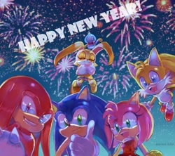 Size: 2342x2084 | Tagged: safe, artist:skyavii-sonic, amy rose (sonic), cheese (sonic), cream the rabbit (sonic), knuckles the echidna (sonic), miles "tails" prower (sonic), sonic the hedgehog (sonic), canine, chao, echidna, fictional species, fox, hedgehog, lagomorph, mammal, monotreme, rabbit, sega, sonic the hedgehog (series), 2024, chinese new year, female, fireworks, group, holiday, looking at you, male, new year, night, night sky, sky, year of the dragon