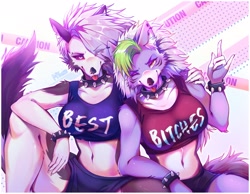 Size: 2048x1588 | Tagged: safe, alternate version, artist:myoniis_, loona (vivzmind), roxanne wolf (fnaf), canine, fictional species, hellhound, mammal, wolf, anthro, five nights at freddy's, five nights at freddy's: security breach, hazbin hotel, helluva boss, arm around character, border, breasts, clothes, collar, crop top, crossover, duo, duo female, female, females only, hand gesture, hand on shoulder, heart, midriff, one eye closed, redraw, spiked collar, spiked wristband, tank top, text, tongue, tongue out, topwear, vulgar, white border, wristband