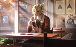 Size: 2421x1522 | Tagged: safe, artist:vronyakat, canine, mammal, wolf, anthro, amazing background, apron, blonde hair, cafe, cell phone, clothes, coffee, coffee mug, detailed, digital art, digital painting, drink, drinking, female, hair, indoors, jacket, looking at something, male, phone, plant, plate, smartphone, sunbeam, sunshine, table, topwear, window