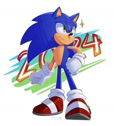 Size: 1353x1494 | Tagged: safe, artist:spacecolonie, sonic the hedgehog (sonic), hedgehog, mammal, anthro, sega, sonic the hedgehog (series), 2024, clothes, full body, gloves, green eyes, male, quills, shoes, smiling, solo, solo male