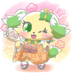 Size: 1148x1200 | Tagged: safe, peridot (jewelpet), arthropod, butterfly, canine, dog, insect, mammal, papillon, spaniel, semi-anthro, jewelpet (sanrio), sanrio, clothes, ears, kimono (clothing), sandals, shoes, socks, tail