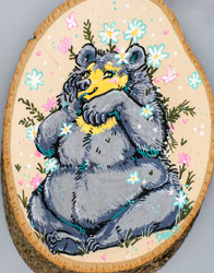 Size: 943x1200 | Tagged: safe, artist:danji-isthmus, bear, mammal, acrylic, fat, flower, plant, slightly chubby, traditional art, wood
