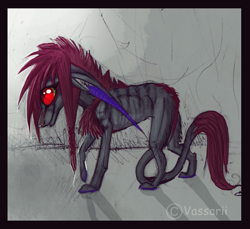 Size: 598x547 | Tagged: safe, artist:grinu, oc, oc only, canine, mammal, feral, 2012, ambiguous gender, black border, border, detailed background, fur, gray body, gray fur, hair, magenta hair, red eyes