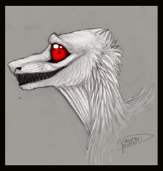 Size: 1557x1634 | Tagged: safe, artist:grinu, oc, oc only, dragon, fictional species, feral, 2012, ambiguous gender, black teeth, digital art, fluff, fur, gray background, neck fluff, red eyes, simple background, smiling, solo, teeth, white body, white fur