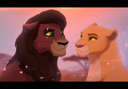 Size: 1024x712 | Tagged: safe, artist:adelish, kiara (the lion king), kovu (the lion king), big cat, feline, lion, mammal, feral, disney, the lion king, 2d, brown body, brown fur, brown hair, brown mane, canon ship, colored sclera, duo, duo male and female, eye scar, female, fur, green eyes, hair, letterboxing, lioness, looking at each other, male, male/female, mane, on model, orange body, orange fur, red eyes, scar, signature, smiling, yellow sclera