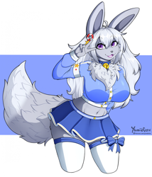 Size: 1775x2076 | Tagged: safe, artist:yumiiefox, oc, oc only, eevee, eeveelution, fictional species, mammal, shiny pokémon, anthro, nintendo, pokémon, 2024, bottomwear, breasts, clothes, commission, digital art, ears, eyelashes, female, fur, gesture, gray body, gray fur, hair, legwear, looking at you, pose, purple eyes, shirt, skirt, solo, solo female, stockings, tail, thighs, topwear, v sign, wide hips