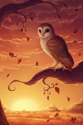 Size: 799x1200 | Tagged: safe, artist:dolphiana, barn owl, bird, bird of prey, owl, feral, 2015, 2d, ambiguous gender, autumn, chest fluff, cloud, feathers, fluff, leaf, looking at you, mountain, multicolored feathers, plant, scenery, signature, solo, solo ambiguous, sun, sunset, tree, two toned feathers