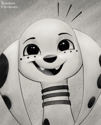Size: 1040x1280 | Tagged: safe, artist:rainbowchromatic, dolly (101 dalmatians), canine, dalmatian, dog, mammal, ambiguous form, 101 dalmatian street, 101 dalmatians, disney, 2022, 2d, bust, female, front view, grayscale, monochrome, open mouth, open smile, smiling, solo, solo female