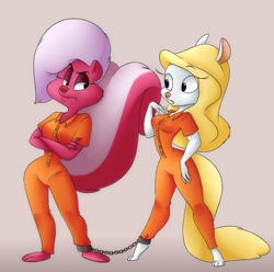 Size: 1280x1269 | Tagged: safe, artist:cachicabra, bimbette (tiny toon adventures), minerva mink (animaniacs), mammal, mink, mustelid, skunk, anthro, animaniacs, tiny toon adventures, warner brothers, 2019, 2d, breasts, chains, clothes, crossed arms, duo, duo female, female, females only, gradient background, prison outfit, standing