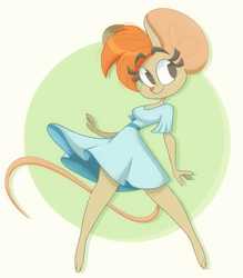 Size: 1053x1200 | Tagged: safe, artist:cachicabra, mammal, mouse, rodent, anthro, 2019, 2d, bottomwear, breasts, clothes, dress, female, front view, looking at you, smiling, smiling at you, solo, solo female, standing, three-quarter view