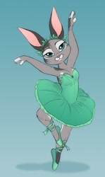 Size: 765x1280 | Tagged: safe, artist:cachicabra, lagomorph, mammal, rabbit, anthro, 2019, 2d, ballerina, ballet slippers, bottomwear, clothes, commission, dancing, dress, female, gradient background, looking at you, smiling, smiling at you, solo, solo female