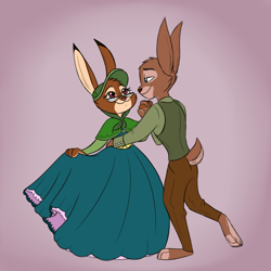 Size: 1000x1000 | Tagged: safe, artist:cachicabra, lagomorph, mammal, rabbit, anthro, 2019, 2d, bottomwear, clothes, commission, dancing, dress, duo, duo male and female, female, glasses, gradient background, looking at each other, male, pants, waltz