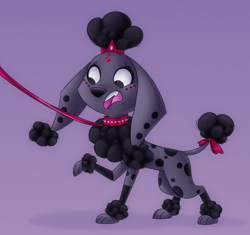 Size: 1040x976 | Tagged: safe, artist:cachicabra, dolly (101 dalmatians), canine, dalmatian, dog, mammal, feral, 101 dalmatian street, 101 dalmatians, disney, 2019, 2d, bow, collar, female, leash, makeover, open mouth, scared, solo, solo female, tail, tail bow
