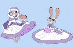Size: 1200x756 | Tagged: safe, artist:cachicabra, judy hopps (zootopia), lagomorph, mammal, rabbit, anthro, disney, zootopia, 2d, blue background, bottomwear, clothes, commission, cute, dress, duality, female, simple background, smiling, solo, solo female