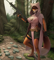 Size: 1208x1342 | Tagged: suggestive, artist:needleart, maid marian (robin hood), canine, fox, mammal, anthro, digitigrade anthro, disney, robin hood (disney), 2024, big breasts, bottomwear, breasts, clothes, detailed background, digital art, ears, eyelashes, female, forest, fur, gun, headdress, nipple outline, plant, pose, rifle, shirt, shorts, solo, solo female, tail, thighs, topwear, tree, vixen, weapon, wide hips