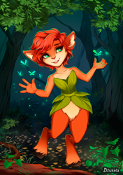 Size: 1000x1421 | Tagged: safe, artist:dzukela, elora (spyro), faun, fictional species, mammal, anthro, unguligrade anthro, spyro the dragon (series), 2024, breasts, clothes, detailed background, digital art, ears, eyelashes, female, forest, fur, hair, hooves, leotard, plant, pose, solo, solo female, tail, thighs, tree, wide hips