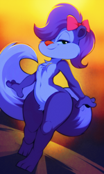 Size: 840x1400 | Tagged: safe, artist:wildblur, fifi la fume (tiny toon adventures), mammal, skunk, anthro, digitigrade anthro, tiny toon adventures, warner brothers, 2024, 2d, bedroom eyes, belly button, black eyes, blue sclera, bow, breasts, chest fluff, colored sclera, detailed background, digital art, ear fluff, ears, eyelashes, featureless breasts, featureless crotch, female, fluff, front view, fur, hair, hair bow, hair over one eye, older, orange nose, pose, pubic fluff, purple body, purple fur, purple hair, smiling, solo, solo female, tail, tail fluff, thighs, three-quarter view, white belly, wide hips