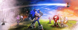 Size: 850x326 | Tagged: source needed, safe, artist:fumomo, amy rose (sonic), blaze the cat (sonic), doctor eggman (sonic), knuckles the echidna (sonic), miles "tails" prower (sonic), rouge the bat (sonic), shadow the hedgehog (sonic), silver the hedgehog (sonic), sonic the hedgehog (sonic), bat, canine, cat, echidna, feline, fox, hedgehog, human, mammal, monotreme, sega, sonic the hedgehog (2006 game), sonic the hedgehog (series), birthday, city, clothes, female, gloves, group, male, mountain, outdoors, sky