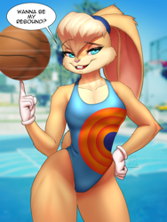 Size: 4500x6000 | Tagged: safe, alternate version, artist:mykegreywolf, lola bunny (looney tunes), lagomorph, mammal, rabbit, anthro, looney tunes, space jam, space jam: a new legacy, warner brothers, 2024, absurd resolution, ball, basketball, blue swimsuit, breasts, clothes, dialogue, english text, female, high res, one-piece swimsuit, solo, solo female, speech bubble, swimsuit, talking, text, thick thighs, thighs, wide hips