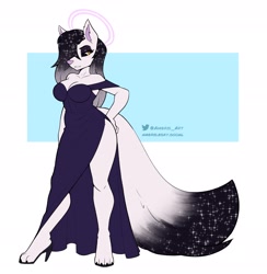 Size: 2160x2214 | Tagged: safe, artist:ambris, canine, mammal, wolf, anthro, 2024, amber eyes, black hair, black sclera, bottomwear, breasts, clothes, colored sclera, dress, ears, female, fur, gray body, gray fur, hair, halo, high heels, paws, shoes, side slit, solo, solo female, stars, tail, thick thighs, thighs, total sideslit