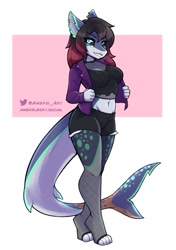 Size: 1283x1823 | Tagged: safe, artist:ambris, oc, oc only, fish, shark, anthro, digitigrade anthro, 2024, belly button, bottomwear, breasts, clothes, commission, ear piercing, female, fins, fish tail, hair, jacket, piercing, shark tail, shirt, shorts, solo, solo female, tail, tail fin, thick thighs, thighs, topwear, wide hips