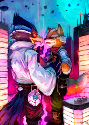 Size: 1000x1414 | Tagged: safe, artist:ouroporos, falco lombardi (star fox), fox mccloud (star fox), bird, canine, fox, mammal, anthro, nintendo, star fox, beak, blue body, blue feathers, body markings, bottomwear, building, butt, city, clothes, dipstick ears, dipstick tail, duo, duo male, eye contact, feathers, fully clothed, fur, furgonomics, holding, holding hands, jacket, looking at another, macro, male, male/male, males only, multicolored ears, multicolored tail, open mouth, orange body, orange fur, outdoors, pants, reflector, rolled up sleeves, standing, tail, tail clothing, tail markings, topwear