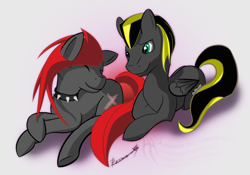 Size: 2438x1709 | Tagged: safe, artist:tiothebeetle, oc, oc x oc, earth pony, equine, fictional species, horse, mammal, pegasus, pony, feral, hasbro, my little pony, 2013, black body, black fur, blonde hair, blue eyes, blue hair, collar, commission, duo, feathered wings, feathers, female, folded wings, fur, hair, holiday, male, mane, mare, red hair, shipping, smiling, stallion, tail, valentine's day, wings