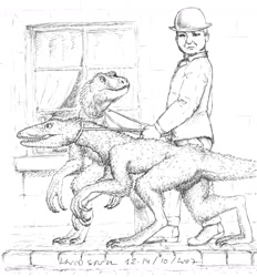 Size: 1154x1246 | Tagged: safe, artist:asthexiancal, dinosaur, dromaeosaurid, human, mammal, raptor, reptile, theropod, velociraptor, feral, 2007, black and white, bowler hat, classy, clothes, domestic pet, grayscale, group, hat, headgear, headwear, high res, leash, male, monochrome, tail