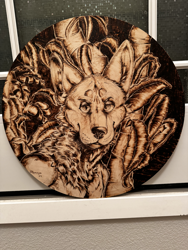 Size: 960x1280 | Tagged: safe, canine, mammal, maned wolf, wolf, anthro, 2024, detailed background, detailed shading, eyebrows, grinning at viewer, headshot portrait, jungle, leaf, looking at you, neck tuft, plant, shading, solo, solo focus, traditional art, traditional media (artwork), tree, wood, woodburn