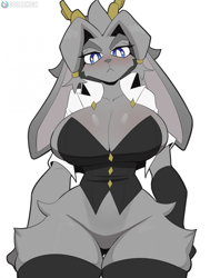 Size: 1669x2208 | Tagged: safe, artist:cooliehigh, sybil (pseudoregalia), fictional species, jackalope, lagomorph, mammal, anthro, pseudoregalia, 2024, antlers, big breasts, blue eyes, blushing, breasts, cleavage, clothes, featureless crotch, female, gray body, legwear, looking at you, nudity, partial nudity, simple background, solo, solo female, thigh highs, topwear