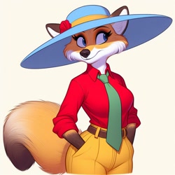 Size: 1024x1024 | Tagged: artist needed, source needed, safe, canine, fox, mammal, red fox, anthro, 2d, blue eyes, clothes, female, hat, headwear, necktie, shirt, solo, solo female, topwear