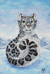 Size: 677x1000 | Tagged: safe, artist:dolphiana, big cat, feline, leopard, mammal, snow leopard, feral, 2d, ambiguous gender, belly fluff, blue eyes, cheek fluff, colored sclera, cub, cute, ear fluff, fluff, fur, ice, leg fluff, mountain, neck fluff, pink nose, signature, smiling, solo, solo ambiguous, spots, spotted body, spotted fur, tail, tail fluff, traditional art, whiskers, yellow sclera, young