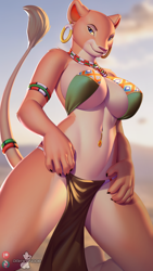 Size: 670x1190 | Tagged: suggestive, artist:pakwan008, nala (the lion king), big cat, feline, lion, mammal, anthro, disney, the lion king, 2024, absolute cleavage, armlet, bedroom eyes, belly button, belly button piercing, breasts, cleavage, ear piercing, earring, female, jewelry, lioness, loincloth aside, looking at you, necklace, outdoors, piercing, smiling, smiling at you, solo, solo female, tail, tail jewelry, tail ring, tribal outfit