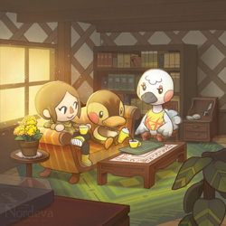 Size: 1838x1838 | Tagged: safe, artist:nordeva, blanche (animal crossing), molly (animal crossing), villager (animal crossing), bird, duck, human, mammal, ostrich, waterfowl, semi-anthro, animal crossing, nintendo, book, bookshelf, cottagecore, couch, drink, female, females only, on model, signature, sitting, smiling, tea, teacup, trio, trio female