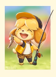 Size: 1456x2000 | Tagged: safe, artist:nordeva, isabelle (animal crossing), canine, dog, fish, mammal, shih tzu, feral, semi-anthro, animal crossing, nintendo, 2d, ambiguous gender, clothes, eyes closed, female, fishing rod, hat, headwear, holding, open mouth, open smile, signature, smiling, solo, solo female, standing