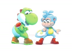 Size: 1280x904 | Tagged: safe, artist:nordeva, fictional species, mammal, monkey, primate, yoshi (species), semi-anthro, dora the explorer, mario (series), nickelodeon, nintendo, 2019, 2d, ambiguous gender, boots, boots (dora the explorer), clothes, duo, male, shoes, signature, simple background, smiling, white background, young