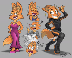 Size: 1280x1047 | Tagged: safe, artist:apooyo, diane foxington (the bad guys), canine, fox, mammal, anthro, dreamworks animation, the bad guys, angry, bedroom eyes, blushing, breasts, cleavage, eyes closed, female, glasses, hand on hip, laughing, open mouth, open smile, skinsuit, smiling, solo, solo female, surprised, vixen, wide hips