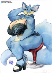 Size: 2454x3476 | Tagged: suggestive, artist:murazaki9, fictional species, nidoqueen, anthro, digitigrade anthro, nintendo, pokémon, 2023, arm behind head, big breasts, bra, breasts, chair, cleavage, clothes, ears, eyelashes, female, high heels, huge breasts, lingerie, looking to the side, panties, shoes, simple background, sitting, smiling, solo, solo female, tail, thick thighs, thighs, traditional art, underwear, wide hips