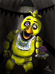 Size: 810x1080 | Tagged: safe, artist:kidpool67, carl the cupcake (fnaf), chica (fnaf), animate food, animate object, animatronic, bird, chicken, fictional species, galliform, robot, anthro, five nights at freddy's, 2023, 3:4, 4 fingers, beak, colored, colored sketch, cupcake, digital art, female, fingers, food, machine, open beak, open mouth, purple eyes, signature, simple background, sketch, solo, solo female, text, yellow body