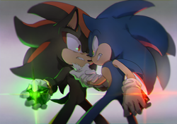 Size: 800x564 | Tagged: safe, artist:fumomo, shadow the hedgehog (sonic), sonic the hedgehog (sonic), hedgehog, mammal, sega, sonic the hedgehog (series), angry, black body, black fur, blue body, blue fur, chaos emerald, clothes, duo, duo male, fur, gem, gemstone, gloves, gold bracelet, green eyes, looking at each other, male, males only, multicolored fur, red body, red eyes, red fur, tail, teeth, two toned body, two toned fur