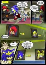 Size: 619x878 | Tagged: safe, artist:underworld360, antoine d'coolette (sonic), bunnie rabbot (sonic), elias acorn (sonic), princess sally acorn (sonic), silver the hedgehog (sonic), sonic the hedgehog (sonic), bird, canine, chipmunk, coyote, hedgehog, lagomorph, mammal, rabbit, rodent, squirrel, anthro, comic:shock and awe, archie sonic the hedgehog, sega, sonic the hedgehog (series), 2018, boots, cape, character name, clothes, comic, crown, freedom fighters (sonic), gloves, headwear, jewelry, king sonic the hedgehog (sonic), picture, regalia, shoes, suit, tail, text