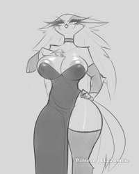 Size: 960x1200 | Tagged: suggestive, artist:elzzombie, stella (vivzmind), bird, demon, fictional species, galliform, peafowl, anthro, hazbin hotel, helluva boss, areola, bare shoulders, bottomwear, breasts, clothes, dress, female, hand on hip, legwear, mature, mature female, monochrome, side slit, simple background, solo, solo female, thigh highs, total sideslit