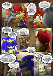 Size: 619x878 | Tagged: safe, artist:underworld360, princess sally acorn (sonic), remington (sonic), silver the hedgehog (sonic), sonic the hedgehog (sonic), chipmunk, echidna, hedgehog, mammal, monotreme, rodent, anthro, comic:shock and awe, archie sonic the hedgehog, sega, sonic the hedgehog (series), 2018, crown, english text, female, headwear, hug, jewelry, king sonic the hedgehog (sonic), male, queen sally acorn (sonic), regalia, text, thought bubble