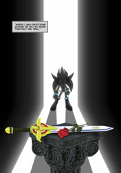 Size: 616x875 | Tagged: safe, artist:underworld360, silver the hedgehog (sonic), hedgehog, mammal, anthro, comic:shock and awe, archie sonic the hedgehog, sega, sonic the hedgehog (series), 2019, boots, clothes, comic, english text, flower, gloves, male, plant, rose, shoes, solo, solo male, sword, sword of acorns, text, weapon
