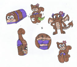 Size: 959x833 | Tagged: safe, artist:spaton37, sandy cheeks (spongebob), dragon, mammal, rodent, squirrel, anthro, plantigrade anthro, nickelodeon, spongebob squarepants (series), ball, barefoot, bikini, bottled, clothes, dragonified, feather, feet, fetish, fishcake, flower, flower on head, foot fetish, foot focus, morph ball, simple background, soles, species swap, swimsuit, tickling, toes, traditional art, transformation, white background, wiggling toes