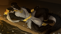 Size: 1700x955 | Tagged: suggestive, artist:pig, crocodile, crocodilian, reptile, anthro, plantigrade anthro, ancient egypt, black body, bulge, claws, clothes, gold, hand on cheek, jewelry, looking at you, lying down, male, on back, pendant, petals, robe, scales, sharp teeth, signature, solo, solo male, tail, teeth, water, white body