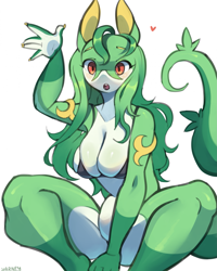 Size: 1717x2146 | Tagged: suggestive, artist:yarney, fictional species, serperior, anthro, nintendo, pokémon, belly button, big breasts, bikini, bikini top, black nose, bottomless, breast squish, breasts, clothes, convenient censorship, digital art, ears, eyelashes, female, hair, looking at you, micro bikini, nudity, partial nudity, scales, simple background, sitting, solo, solo female, starter pokémon, swimsuit, tail, thighs, wide hips