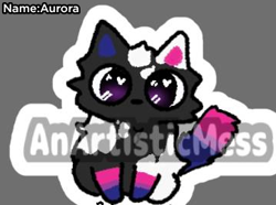 Size: 361x268 | Tagged: safe, artist:anartisticmess, edit, editor:satuputra, oc, oc only, oc:aurora (satuputra), feral, adorable face, ambiguous gender, bisexual, bisexual pride flag, bisexual pride flag colors, bisexuality, black body, black fur, black nose, blue inner ear, blue legs, blue tail, body fluff, body markings, bold text, cheek fluff, cropped, cute, cute eyes, dark purple eyes, dipstick legs, dipstick tail, ears, english text, eyes, female, flag, fluff, front view, full image at source, fur, gray background, head fluff, lgbt, lgbtq, lgbtqia, looking at you, low res, marking, mouthless, multicolored body, multicolored fur, multicolored legs, multicolored tail, nose, ocbetes, outline, paws, pink inner ear, pink legs, pink tail, pose, pride, pride flag, purple eyes, purple legs, purple tail, simple background, sitting, solo, solo ambiguous, solo female, spots, stylized, tail, tail fluff, text, two toned tail, wall of tags, watermark, white body, white ears, white fur, white head, white marking, white outline, white spots, white text